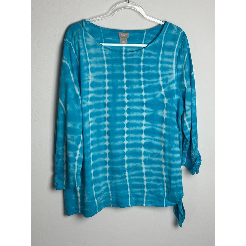 Chicos Blue Tie Dye Shibori Side Tie Top Cotton Modal Size 3 XL NEW